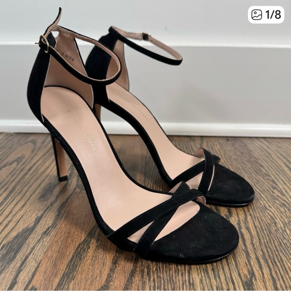 Stuart Weitzman Kylin black suede heeled sandals size 7.5/38